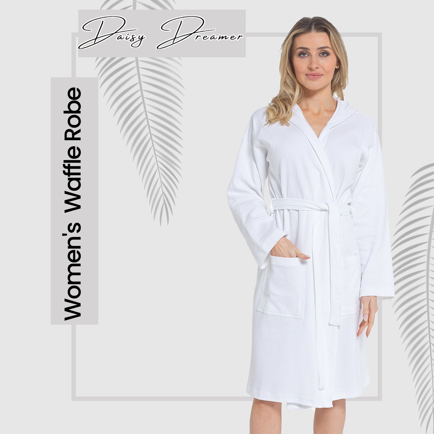 White luxurious cotton waffle bathrobe for women, reflecting elegance and comfort, available in various sizes for the perfect fit.