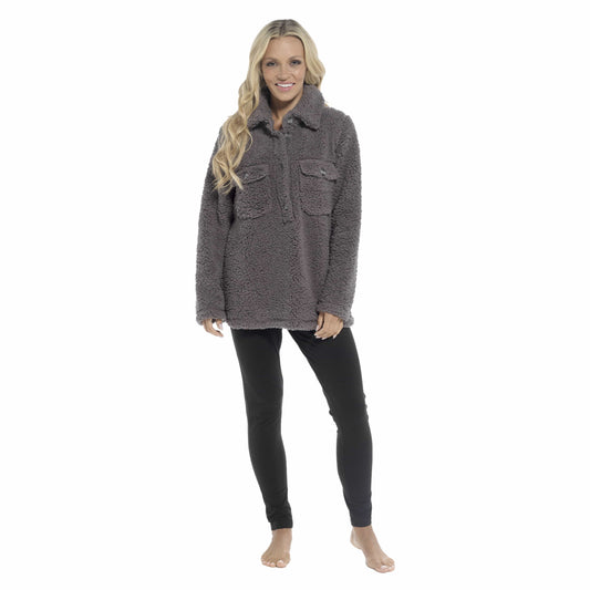 Luxury Women's Sherpa Top and Leggings Lounge Set by OLIVIA ROCCO, showcasing its soft texture and chic design, ideal for chilly evenings.
