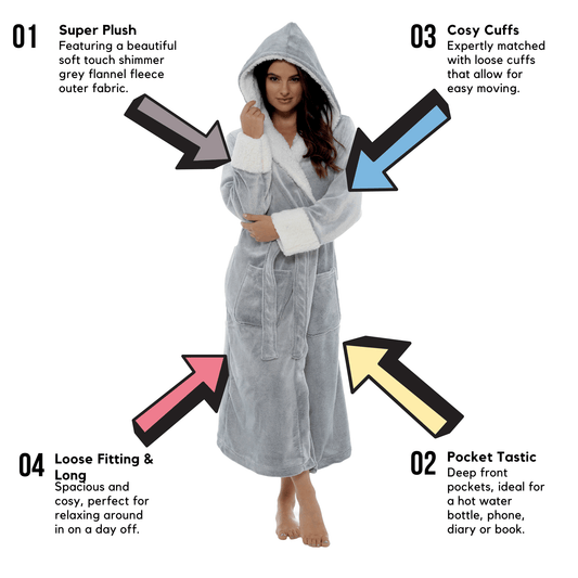 Luxury Shimmer Fleece Hooded Bath Robe for Women - Soft Plush Dressing Gown in Shimmer Grey, Sizes S-XL
