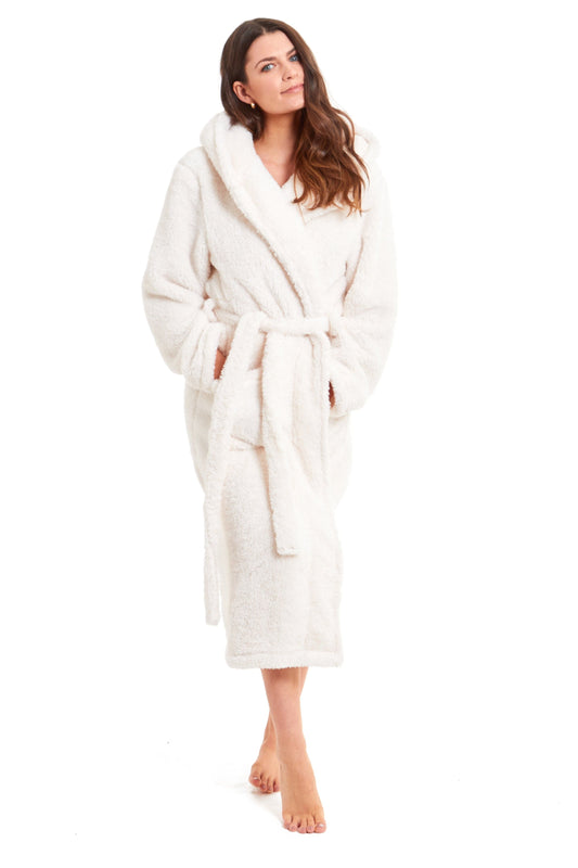 Luxurious Women's Cream Snuggle Fleece Hooded Robe with Velvet Touch, UK Sizes 8-22