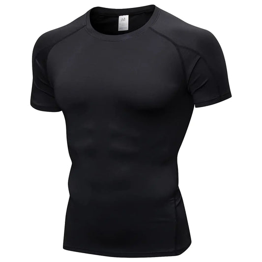 Luxurious men's short sleeve compression athletic t-shirt in black, crafted to enhance workout experience with its lightweight, moisture-wicking material. Ideal for gym sessions and various sports, providing a stylish and functional design.
