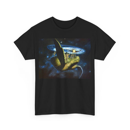 Luxury terry pratchett gifts black T-shirt featuring a detailed Discworld-inspired space dragon artwork on the front