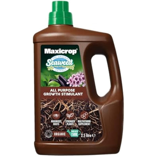 Maxicrop Growth Stimulants bottle alongside healthy plants showcasing the power of natural seaweed-based nutrients for enhanced garden growth.