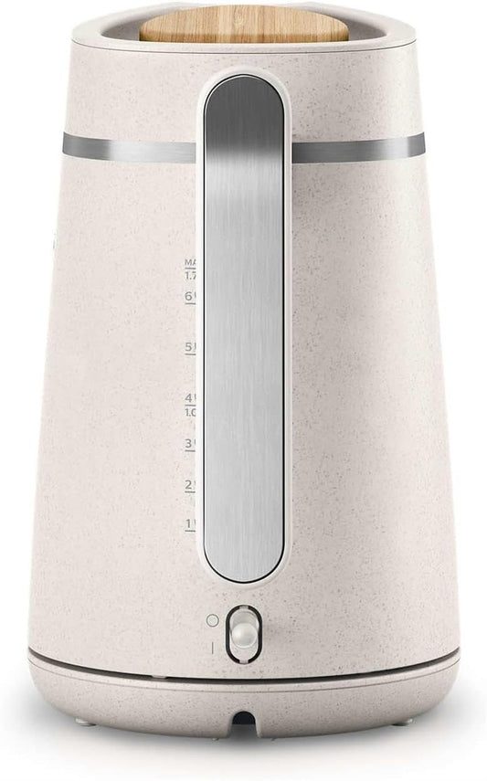 Elegant Philips Eco Conscious Edition Kettle 5000 Series, crafted from 100% bio-based plastics, showcasing a stylish silk white matt finish, perfect for eco-friendly luxury kitchens.