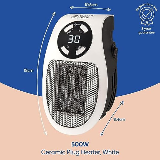 Russell Hobbs plug heater – white 500W ceramic plug-in heater with adjustable thermostat display, compact dimensions and elegant control design