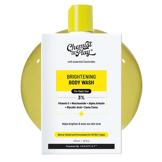 Chemist at Play Brightening Body Wash featured in a luxurious setting, showcasing its active ingredients like Vitamin C and Niacinamide for glowing skin.