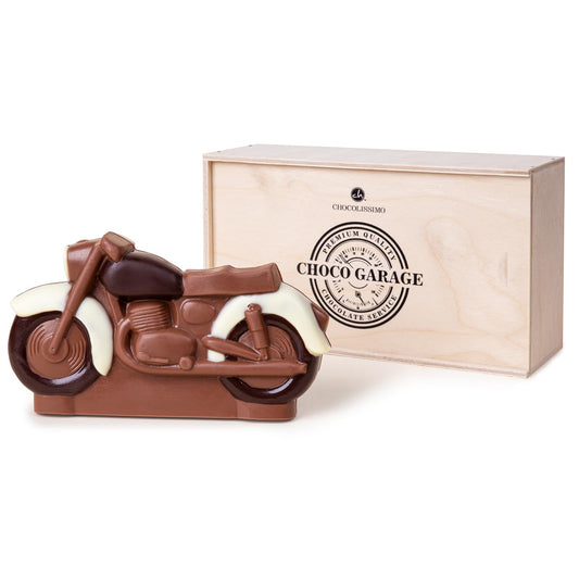 Chocolate motorbike gift showcasing a beautifully crafted chocolate replica of a motorbike, perfect gift for bikers