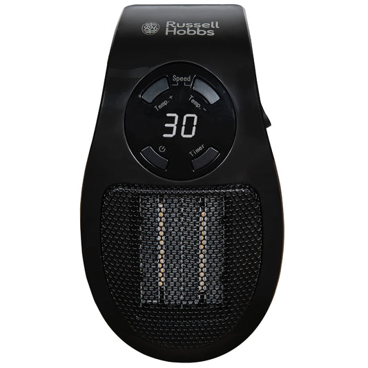Russell Hobbs plug in heater—black ceramic heater control panel showing temperature and timer settings with 30°C display