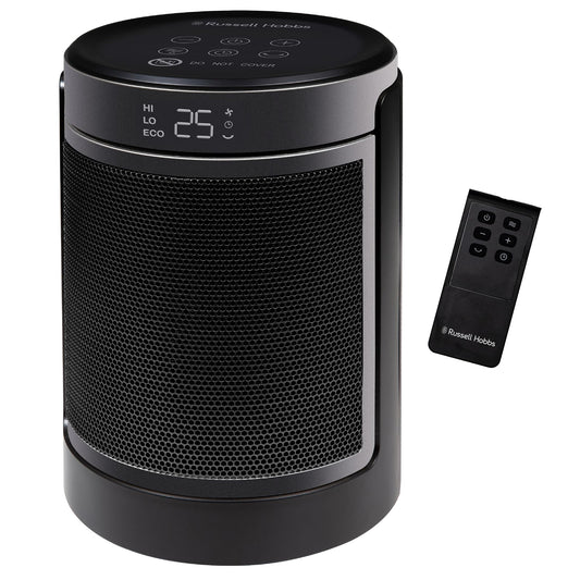 Russell Hobbs ceramic heater—black portable ceramic space heater with LED temperature display and remote control