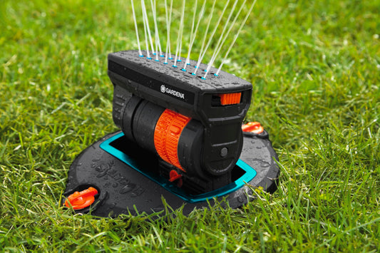 Gardena Popup Rectangular Sprinkler in action, showcasing its efficient watering capabilities for a lush garden.