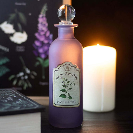 Enchant Your Space with a Deadly Nightshade Bottle, a luxurious decorative piece showcasing intricate gothic design and the captivating allure of a deadly nightshade bottle.