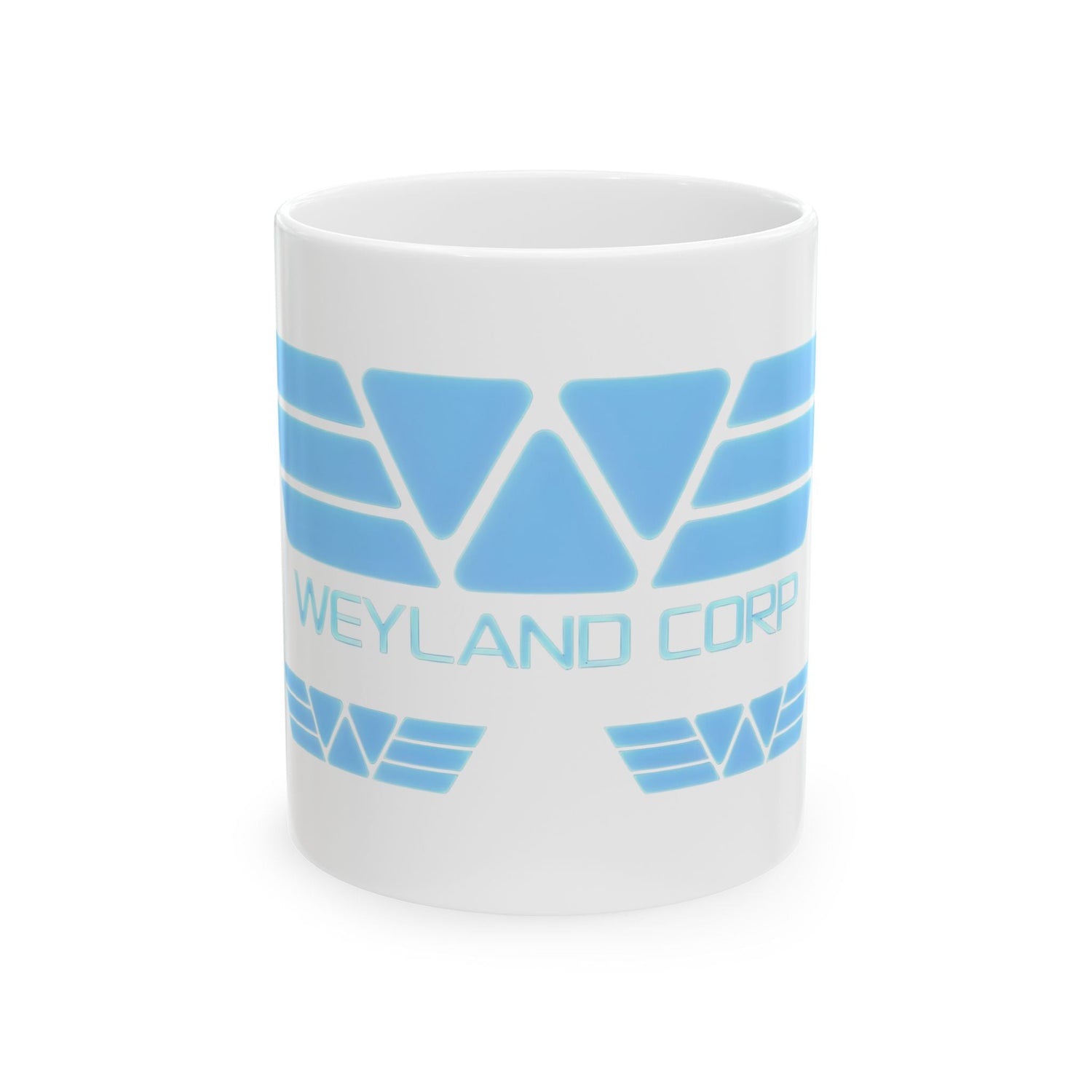 Weyland Corp ceramic mug featuring an iconic blue logo design, perfect for collectors and fans of sci-fi themed mugs.