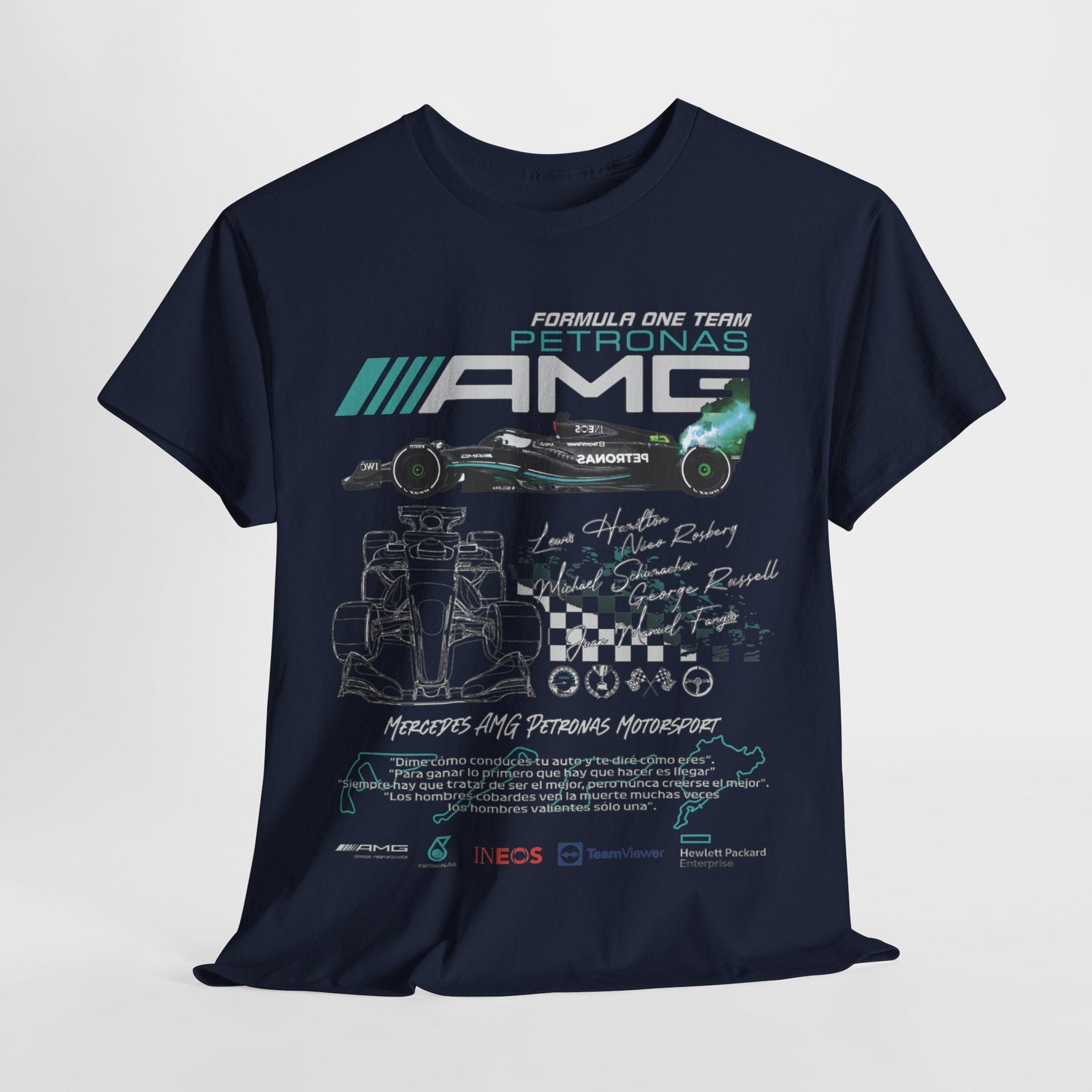 Stylish navy blue t-shirt featuring a graphic design of the Mercedes AMG Petronas Formula One Team, showcasing a racing car and automotive elements, ideal for fans of Cars Bikes Racing And Automobiles.