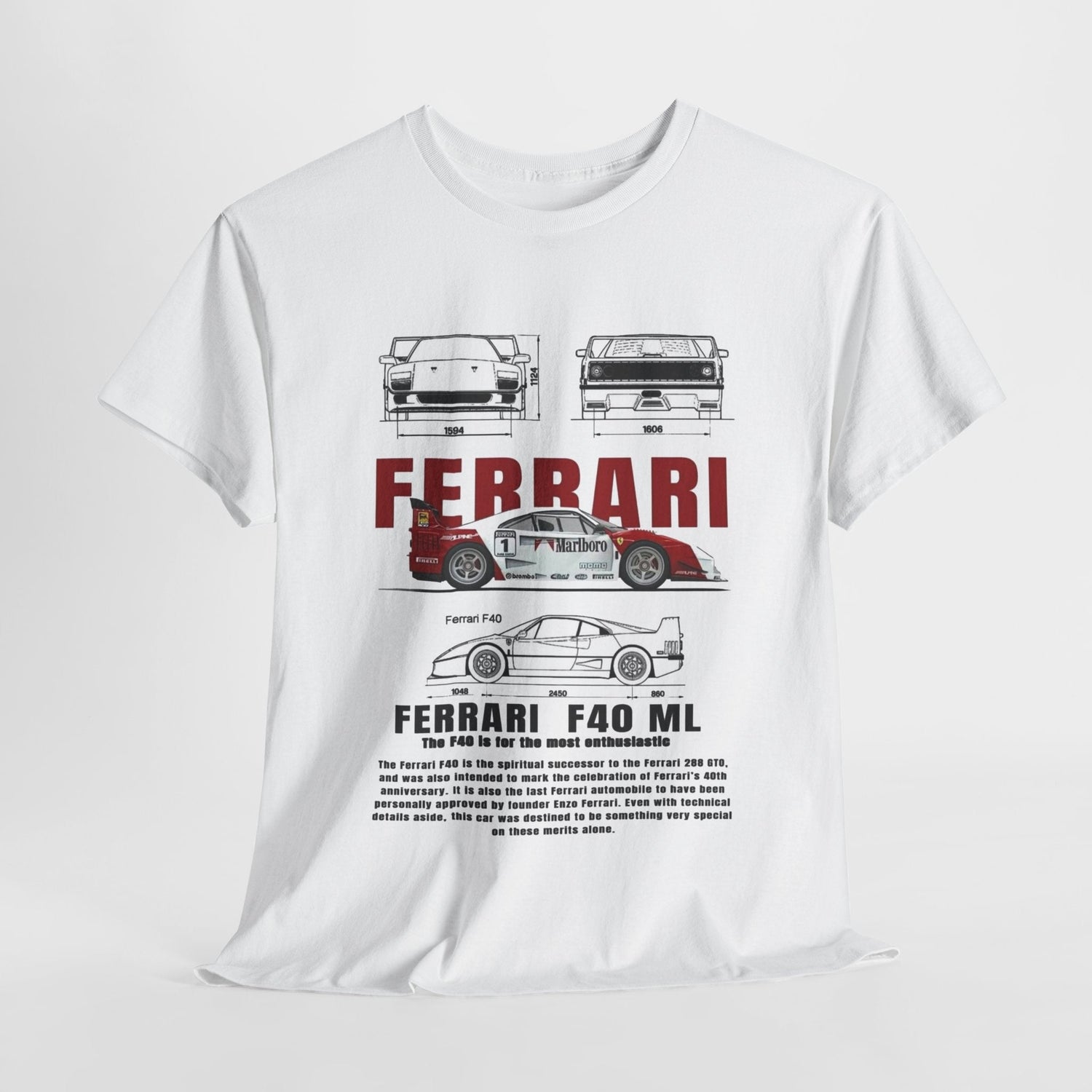 Luxury unisex t-shirt featuring Ferrari F40 design, ideal for car enthusiasts seeking stylish apparel.