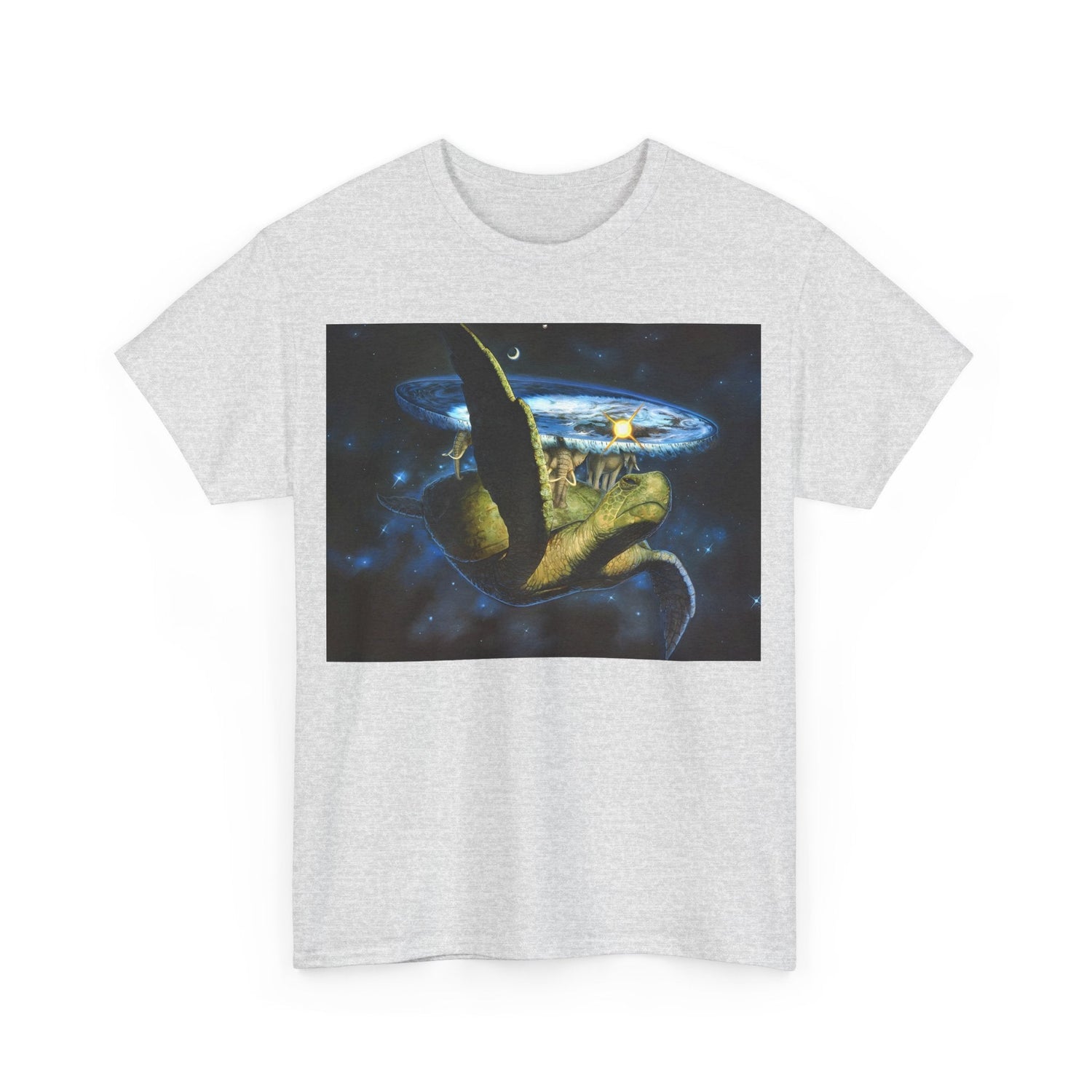 Luxury Discworld T-Shirt featuring a vibrant design of a giant turtle in space, with stars and a planetary backdrop, perfect for fans of whimsical literary art.