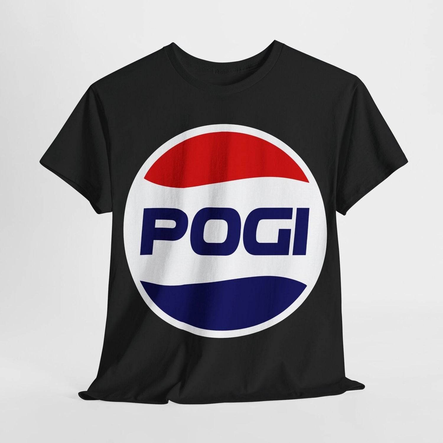 Stylish black t-shirt featuring a humorous reinterpretation of the classic Pepsi logo, showcasing the phrase 'POGI' in a vibrant design, embodying the essence of the pepsi funny logo.
