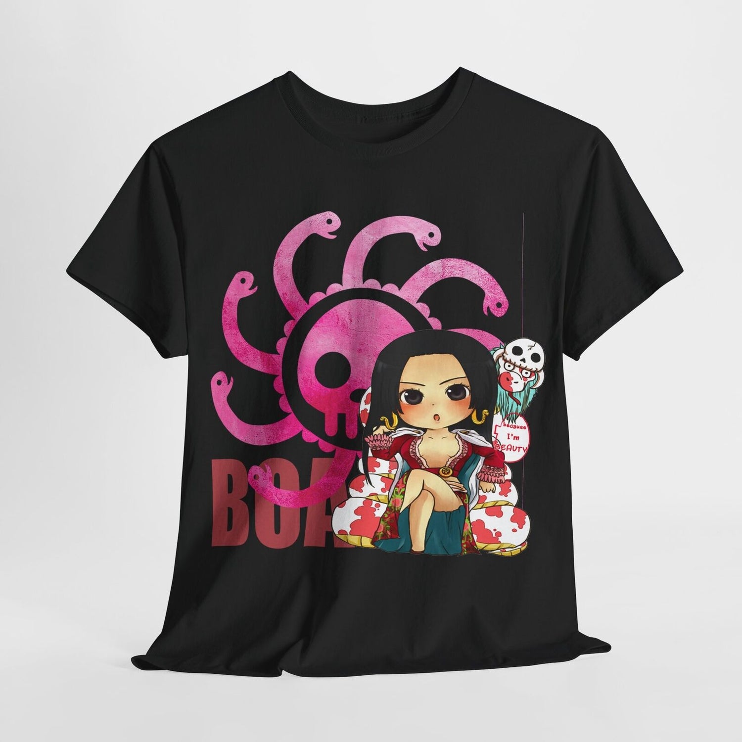 Luxurious black t-shirt featuring an artistic representation of Boa Hancock, adorned with vibrant designs, embodying elegance and style for anime fashion enthusiasts.