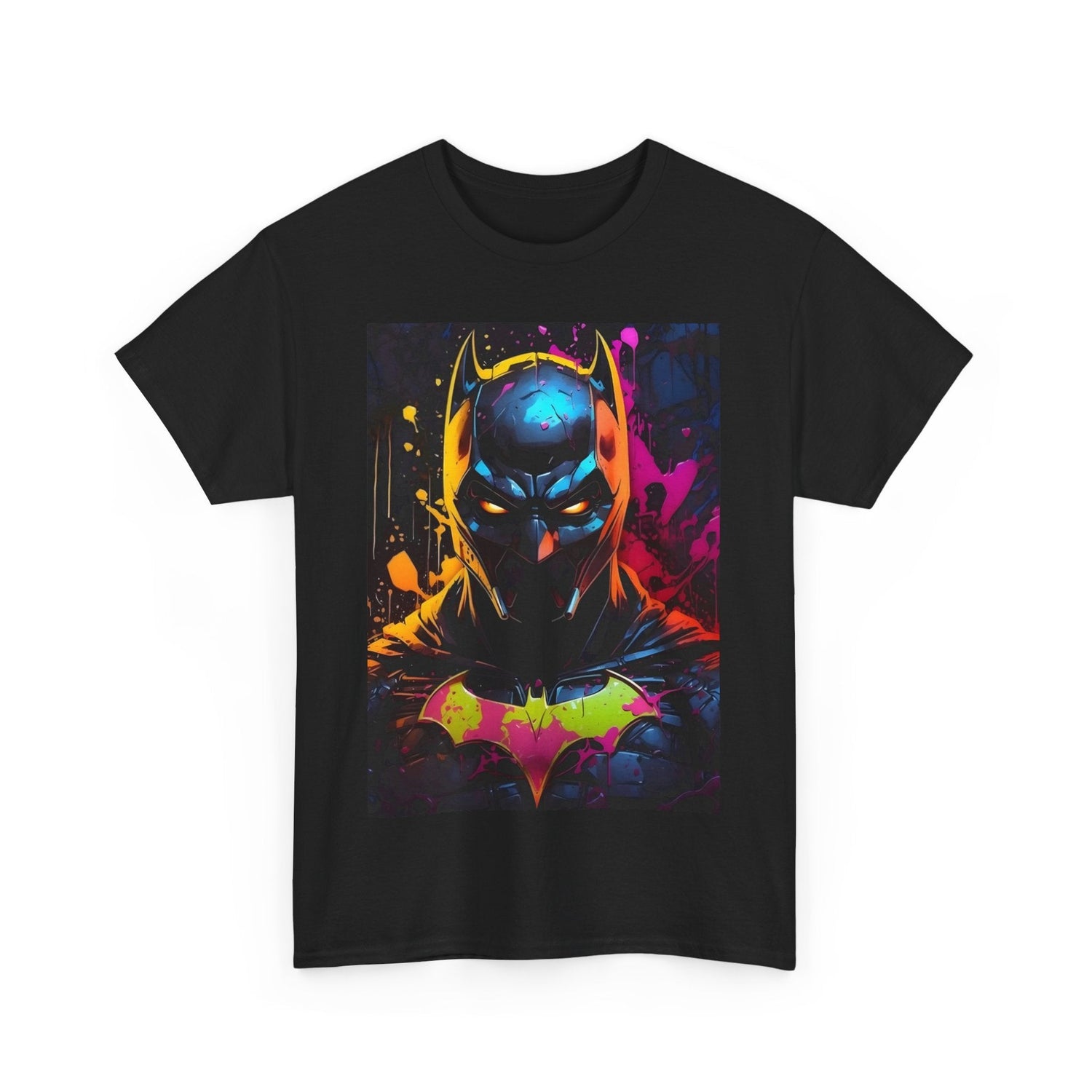 Luxury graphic tee featuring a vibrant, artistic portrayal of Batman against a striking, colourful background, perfect for discerning fans of the iconic superhero.