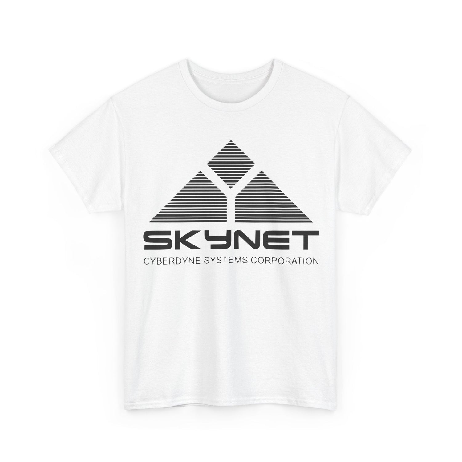 Elegant white T-shirt featuring the Skynet Terminator logo, showcasing the iconic Cyberdyne Systems design with sleek lines, perfect for fans of retro sci-fi and technology.