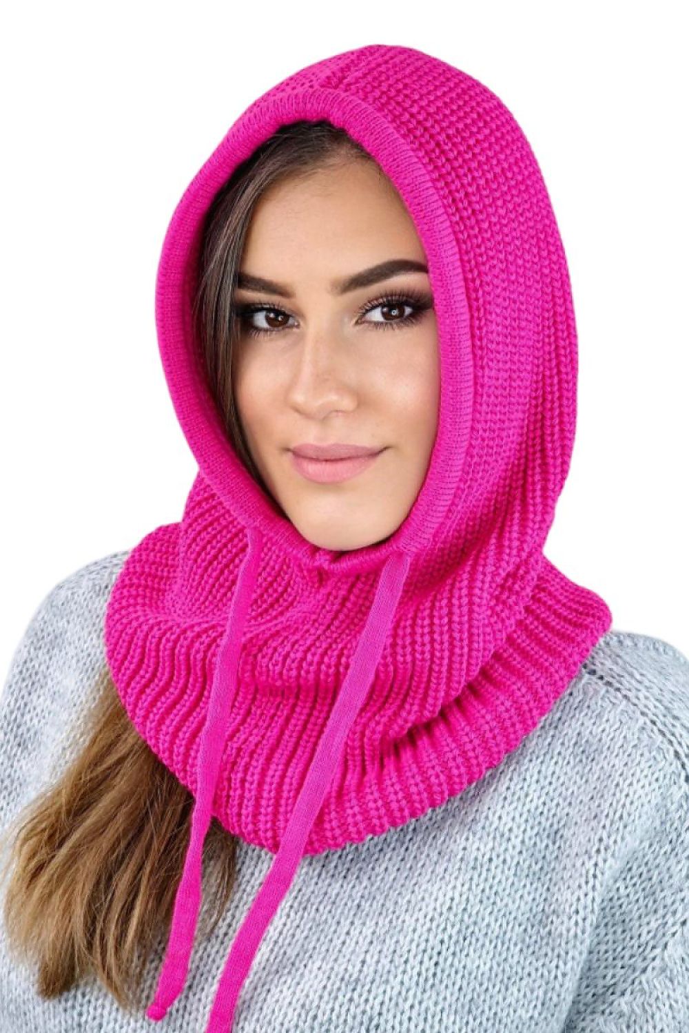 Luxurious Nilda Hooded Balaclava, perfect for winter fashion, made from a premium blend of 50% Acrylic and 30% Wool, stylish and warm balaclavas in EU/US sizes.