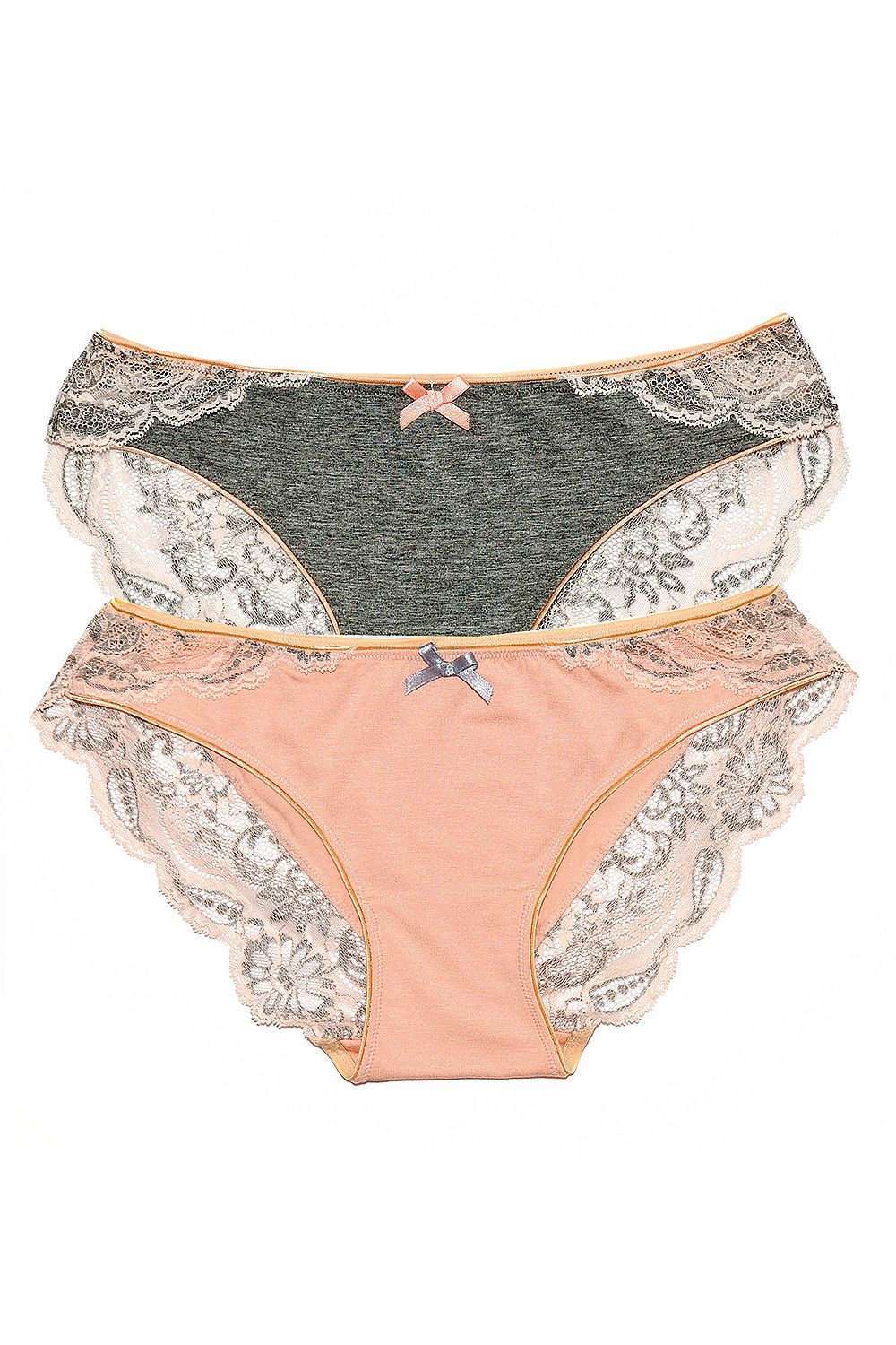 Luxurious Enfin Brazilian Panties Set featuring exclusive lace designs in elegant peach and grey, crafted for perfect fit and comfort.