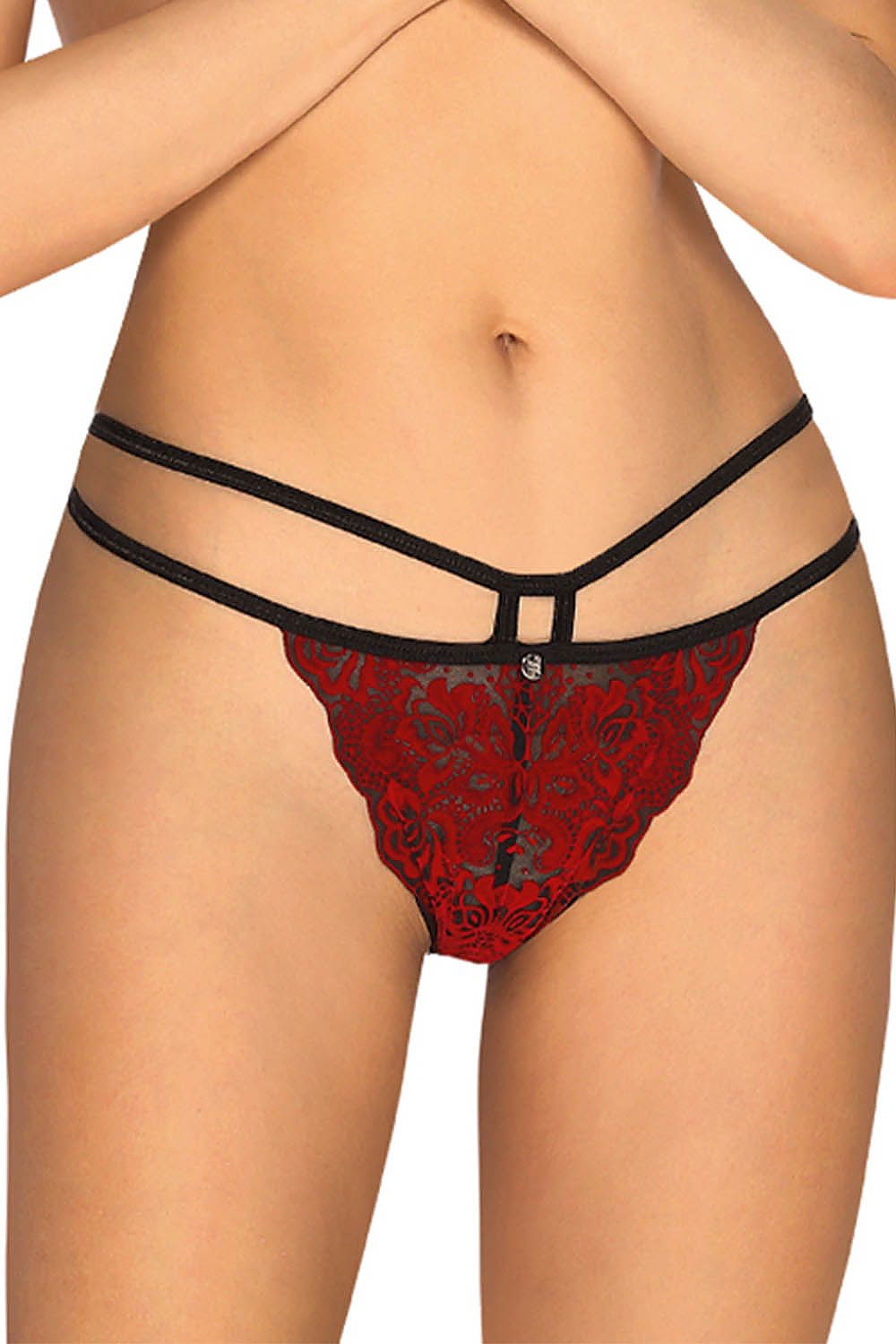 Luxurious lace and sheer red panties with black straps, designed for elegance and comfort, perfect for sophisticated women's lingerie collections.