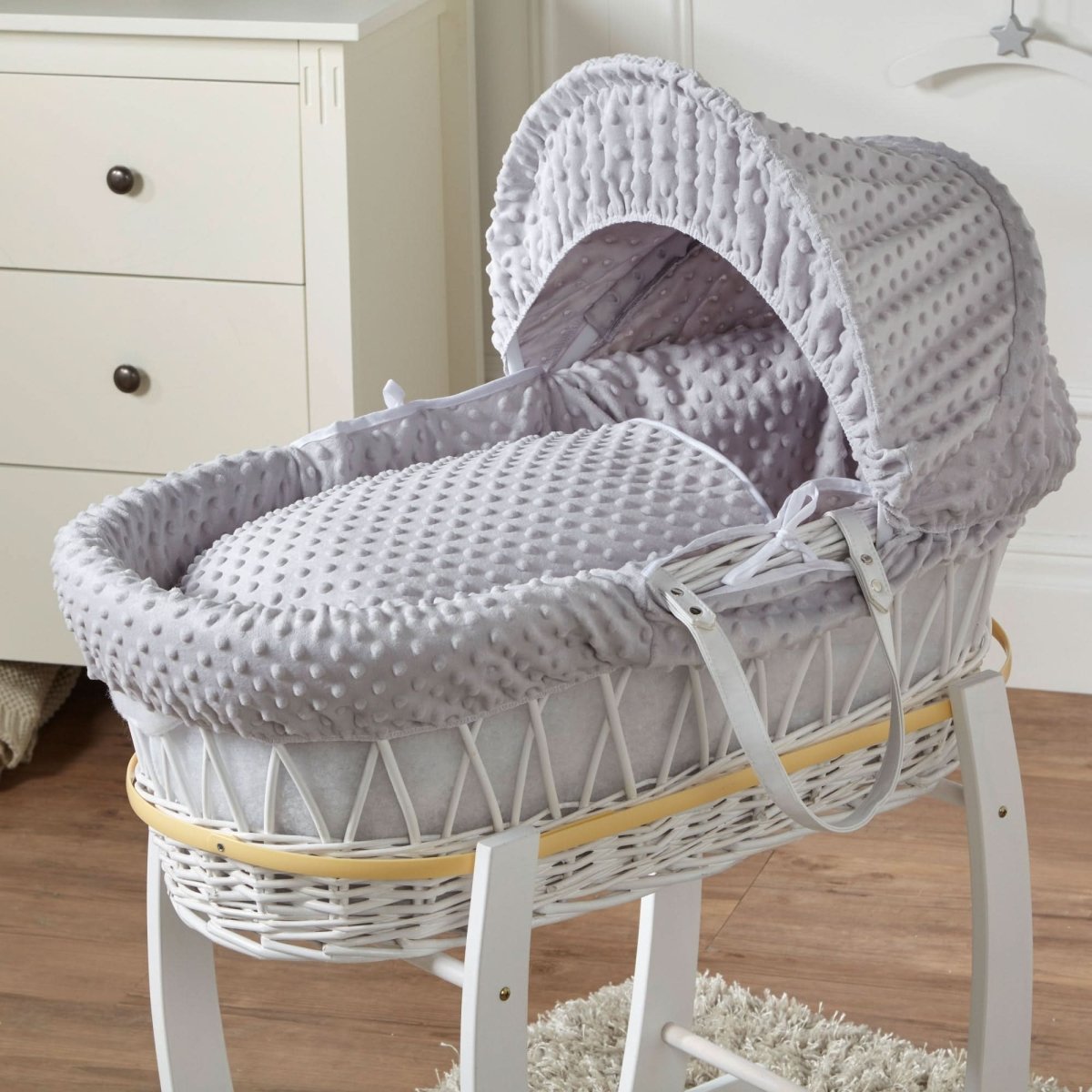 Elegant White Dimple Grey Wicker Baby Moses Basket with Stand, part of our luxurious Cradles collection.