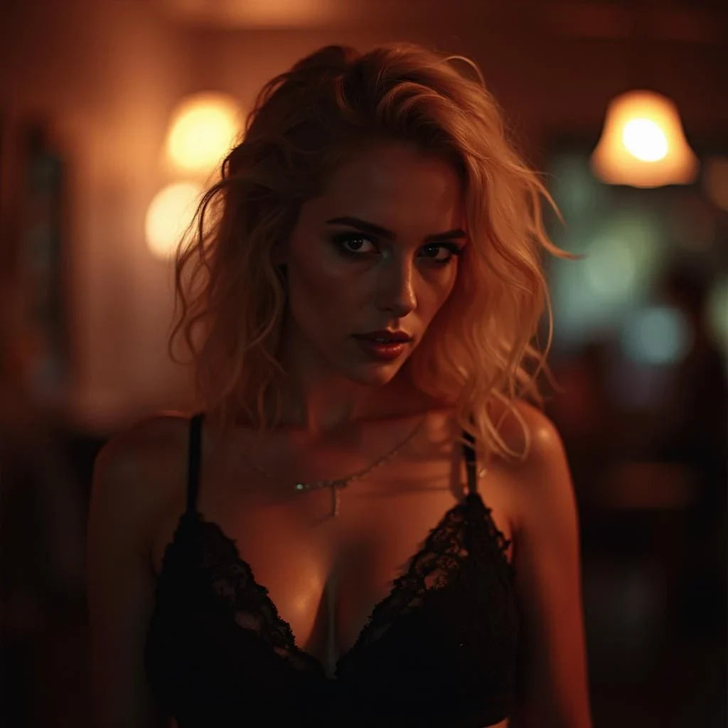 Elegant woman with wavy blonde hair, wearing a delicate black lace bra, exuding a luxurious and seductive aura in a softly lit intimate setting.