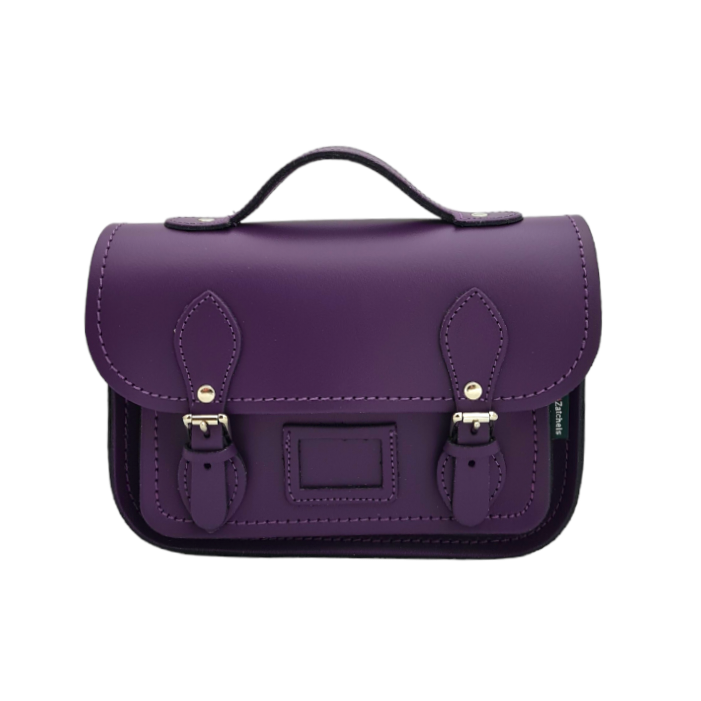 Luxury Handmade Purple Leather Satchel - Versatile 9-Inch Bag with Adjustable Strap, perfect for stylish, everyday use.