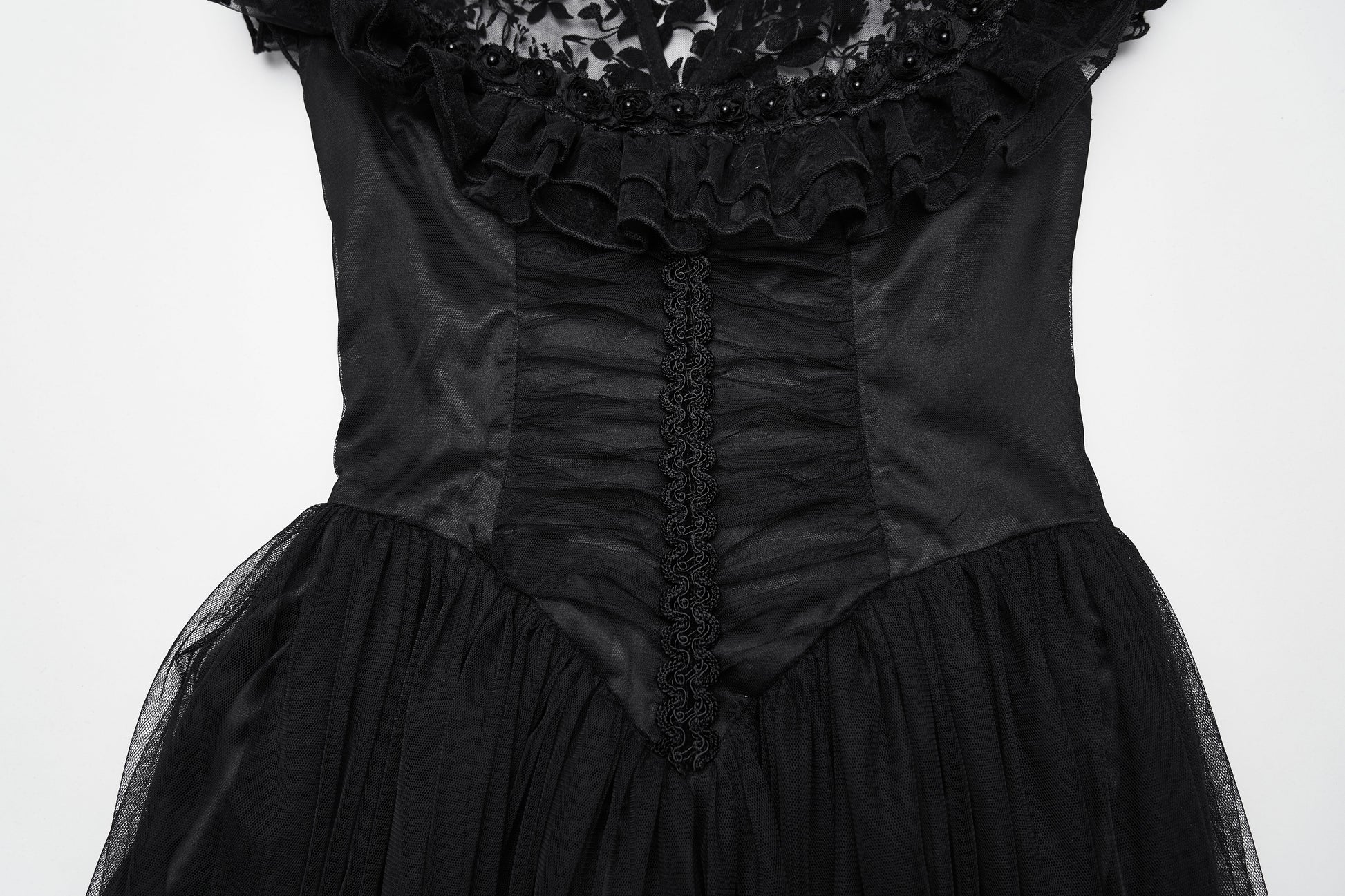Back view of the Punk Rave Seraphina Goth Dress with adjustable lace-up design, demonstrating a flattering silhouette and Victorian-inspired charm.
