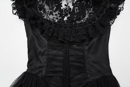 Flowing sheer skirt of the Punk Rave Seraphina Dress, adorned with delicate lace ruffles and rose embellishments, enhancing the movement and drama.