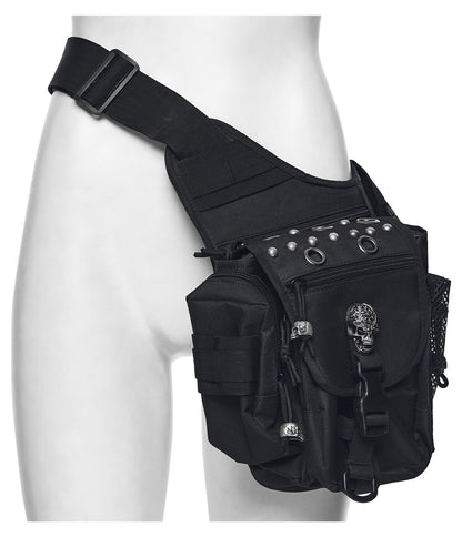 Close-up view of the Punk Rave Tactical Goth leg bag, highlighting its heavy canvas texture and multiple zipped and mesh pockets, ideal for urban adventures.