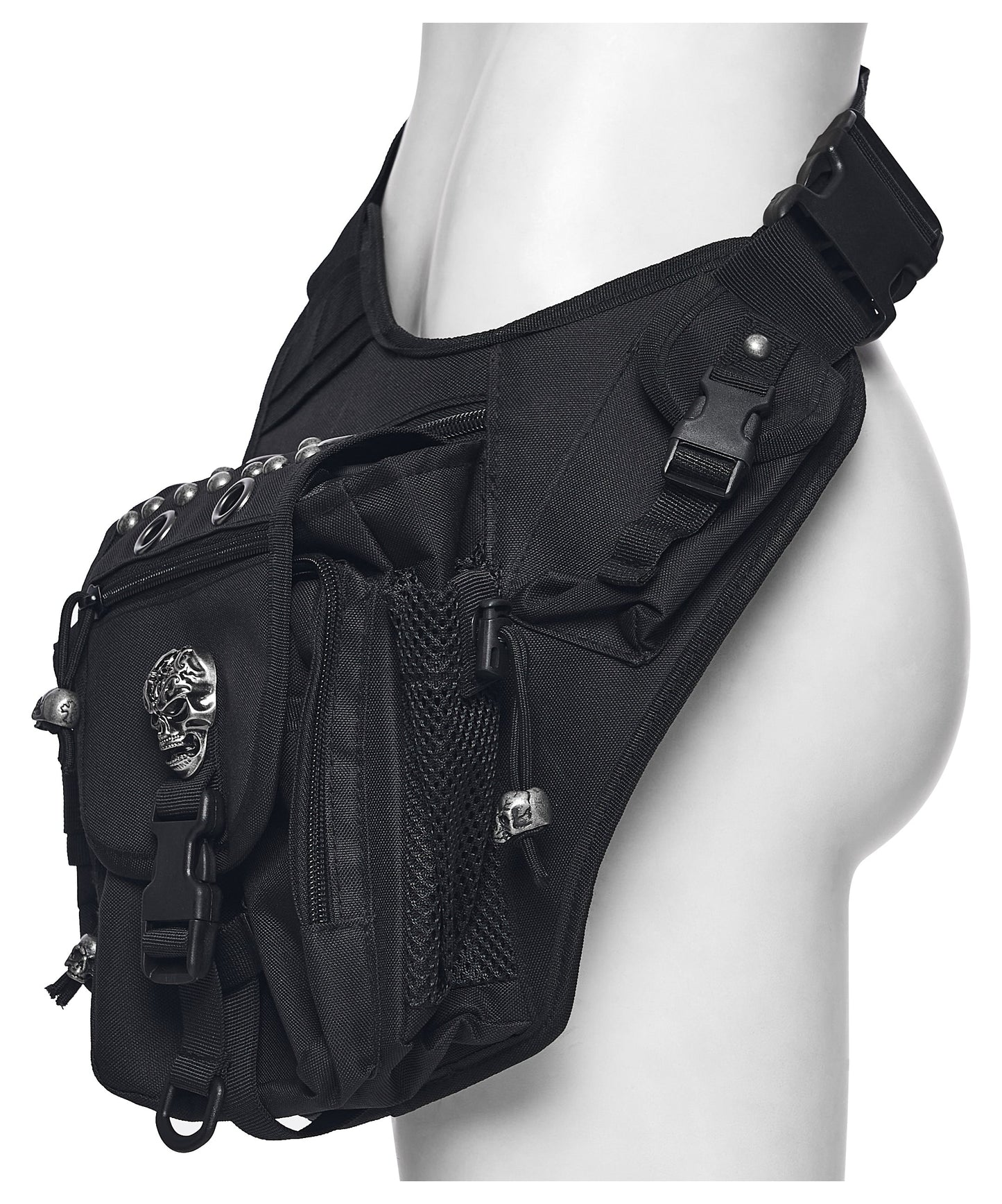 Stylish Punk Rave Tactical Goth leg bag worn by model, demonstrating the adjustable straps for a secure and comfortable fit during everyday use.