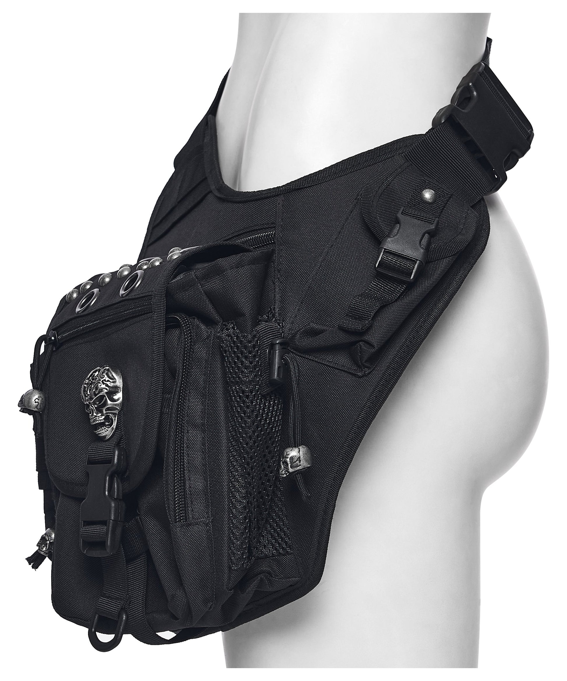 Stylish Punk Rave Tactical Goth leg bag worn by model, demonstrating the adjustable straps for a secure and comfortable fit during everyday use.