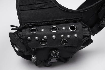 Luxury Punk Rave Tactical Goth Canvas Skull Waist-Leg Bag showcasing a rugged design with intricate skull emblems and multiple functional pockets, perfect for urban exploration and gothic fashion.