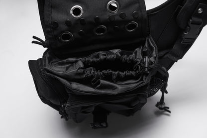 Stylish image of the Punk Rave Tactical Goth Canvas Skull Waist-Leg Bag highlighting adjustable straps for a secure fit, ideal for fashionable outdoor events and festivals.