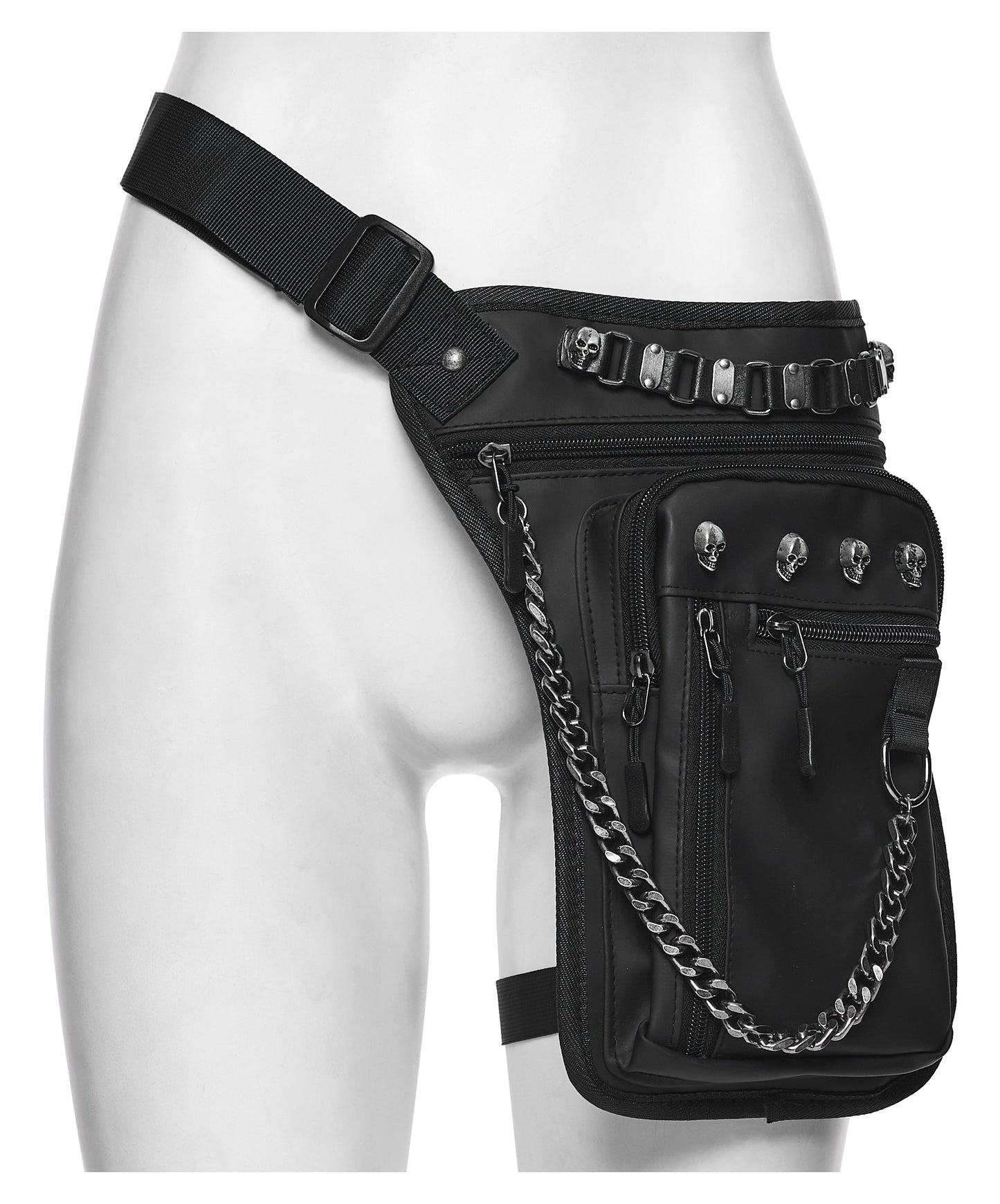 Punk Rave Cyberpunk Waist-Leg Bag showcasing intricate skull rivets and edgy chain detailing, epitomising luxury in a post-apocalyptic style.