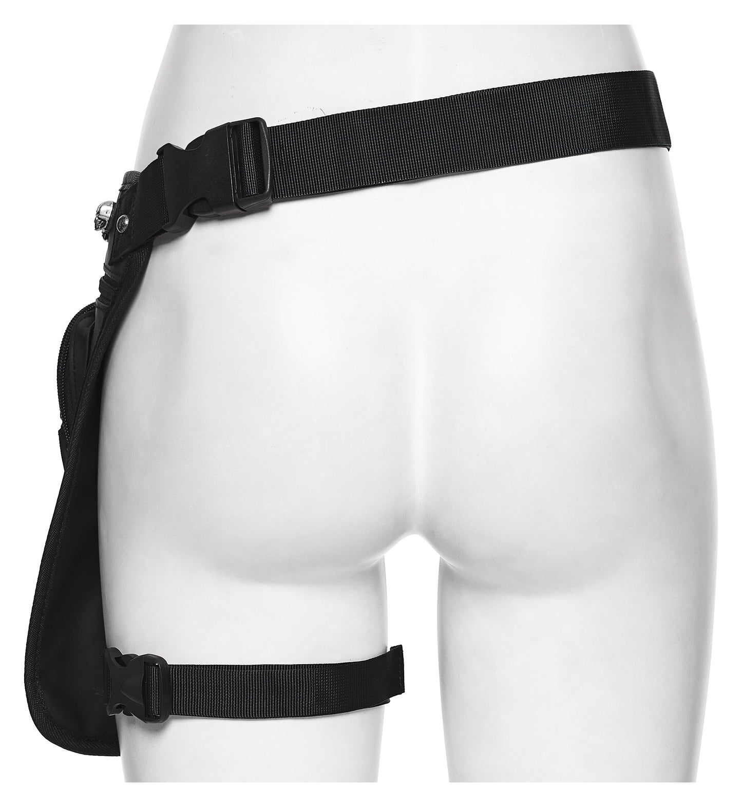 Close-up of the Punk Rave Cyberpunk Waist-Leg Bag, highlighting the eco-friendly artificial leather and bold metal accents for a striking look.