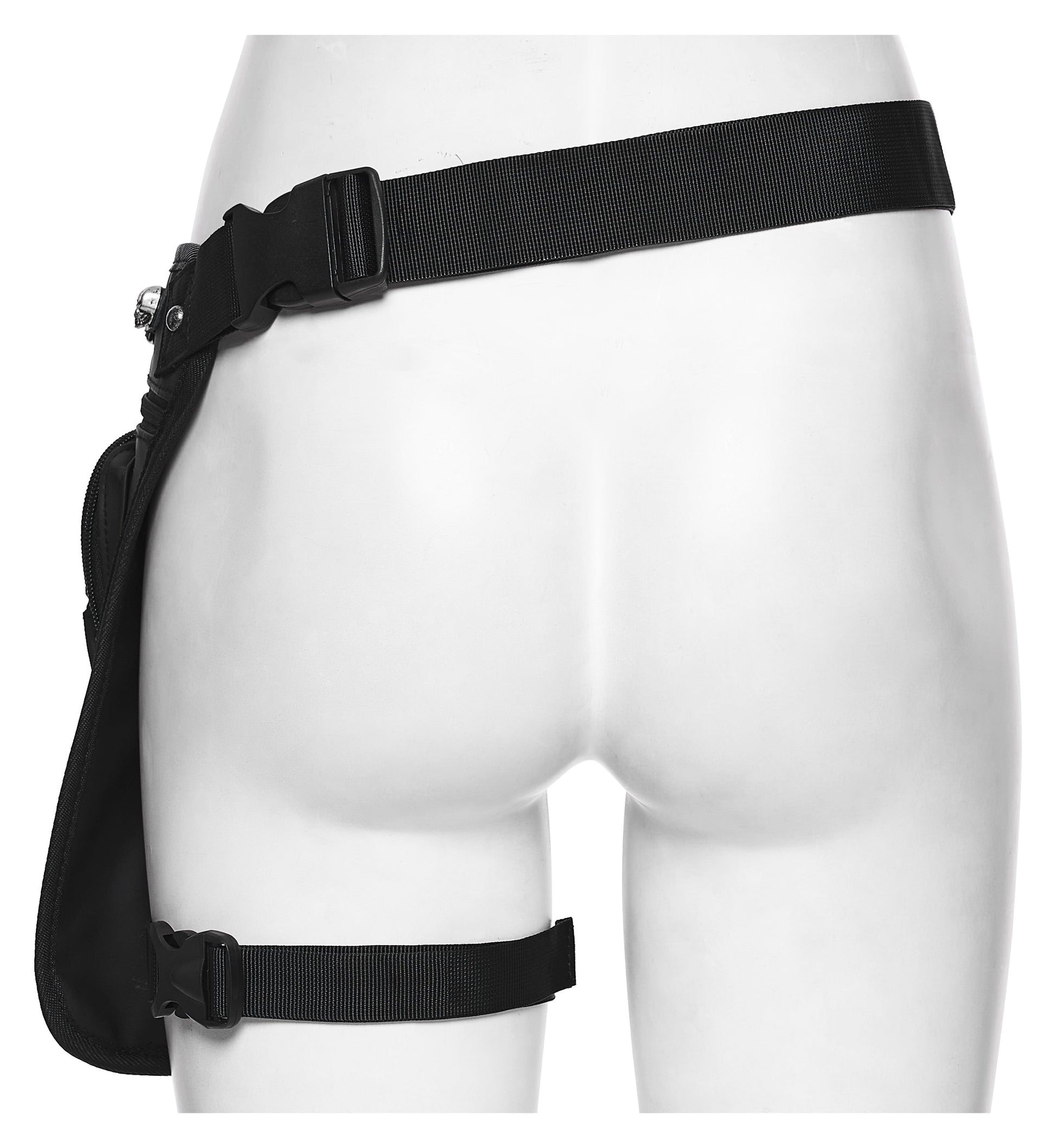 Close-up of the Punk Rave Cyberpunk Waist-Leg Bag, highlighting the eco-friendly artificial leather and bold metal accents for a striking look.