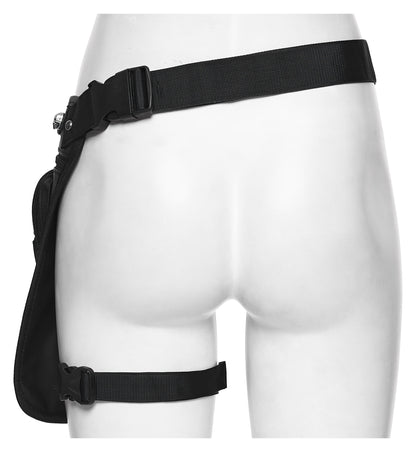 Close-up of the Punk Rave Cyberpunk Waist-Leg Bag, highlighting the eco-friendly artificial leather and bold metal accents for a striking look.