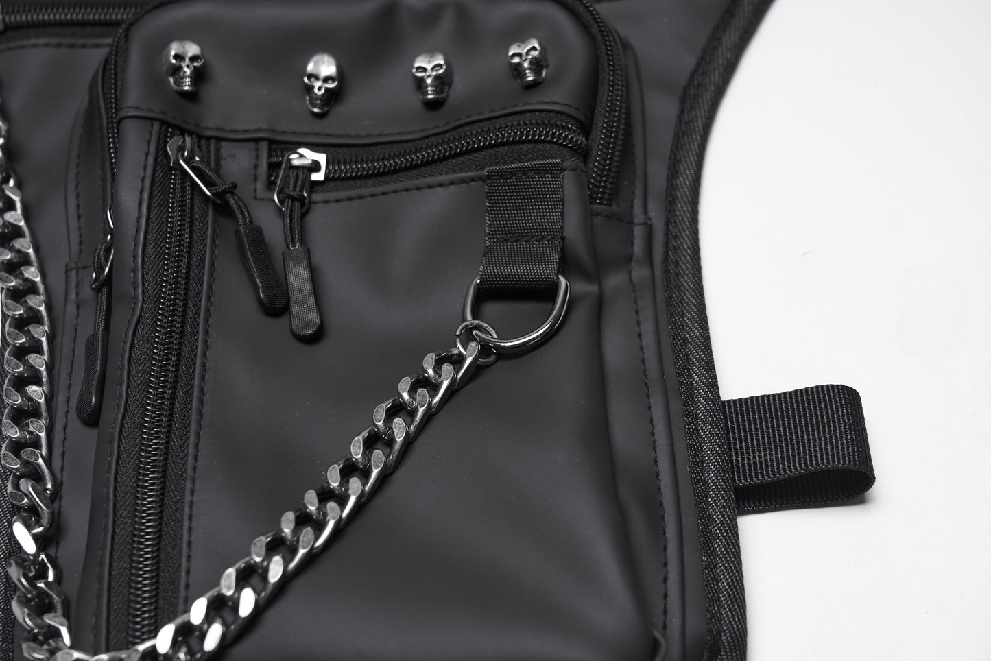Close-up view of the adjustable straps on the Punk Rave Cyberpunk Waist-Leg Bag, showcasing its premium design and multi-pocket functionality.