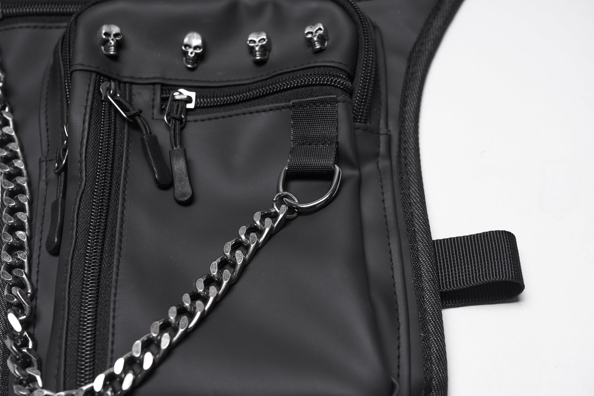 Close-up view of the adjustable straps on the Punk Rave Cyberpunk Waist-Leg Bag, showcasing its premium design and multi-pocket functionality.
