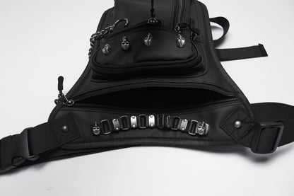 Detailed view of the interior pockets of the Punk Rave Cyberpunk Waist-Leg Bag, illustrating the spacious design for essentials.