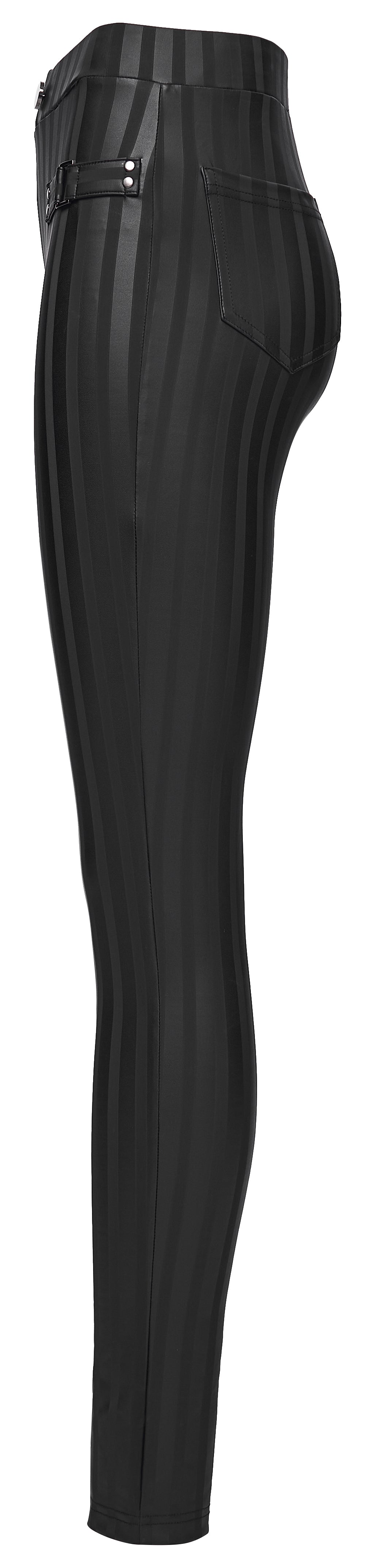 Stylish punk-inspired leggings with vertical stripes and high-waisted design, perfect for an edgy yet sophisticated look.