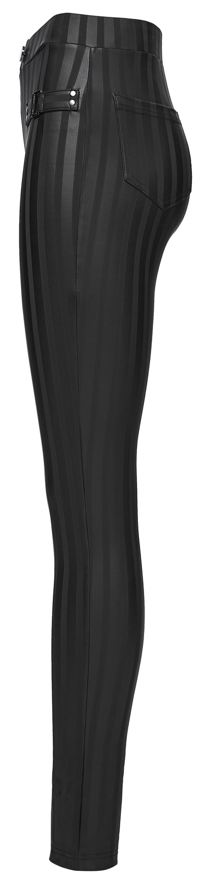 Stylish punk-inspired leggings with vertical stripes and high-waisted design, perfect for an edgy yet sophisticated look.