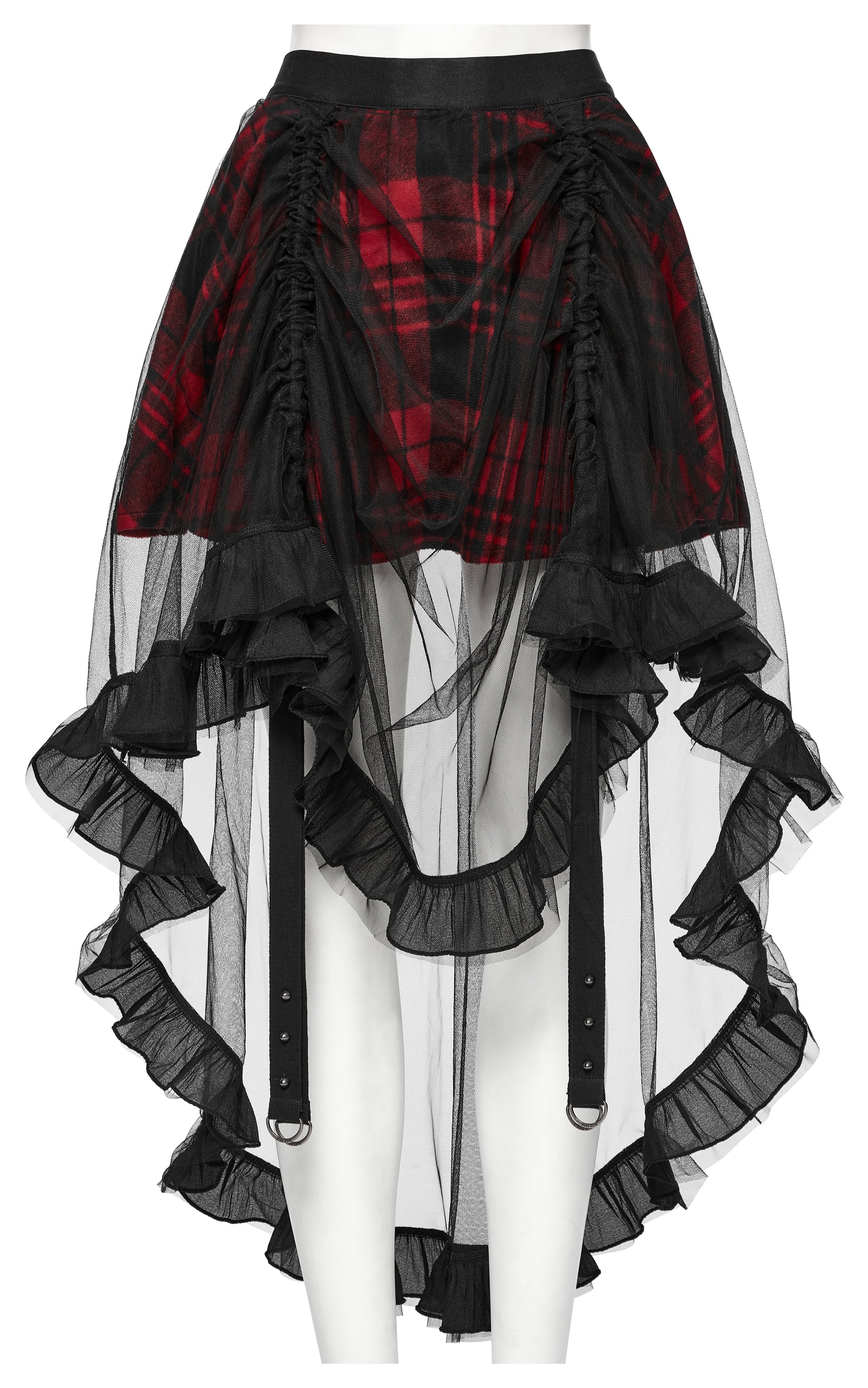 Flowing high-low silhouette of the Punk Rave Morrigan Skirt, accentuating the ruffled edges and unique layering of red plaid and black mesh.