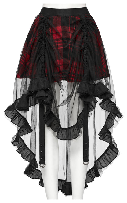 Flowing high-low silhouette of the Punk Rave Morrigan Skirt, accentuating the ruffled edges and unique layering of red plaid and black mesh.