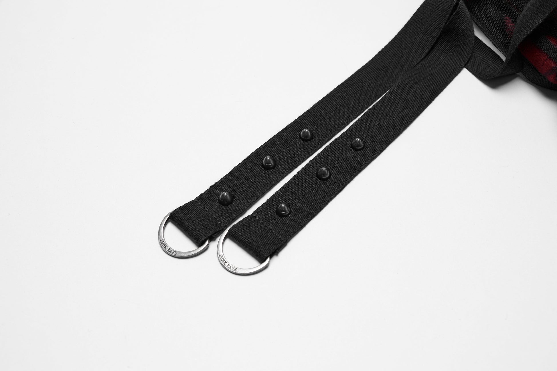 Close-up of adjustable studded straps on the Punk Rave Morrigan skirt, highlighting intricate detailing and versatile styling options for alternative fashion.