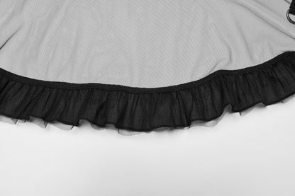 Full view of the dramatic high-low hemline and ruffled edges of the Punk Rave Morrigan skirt, illustrating its bold and edgy design.