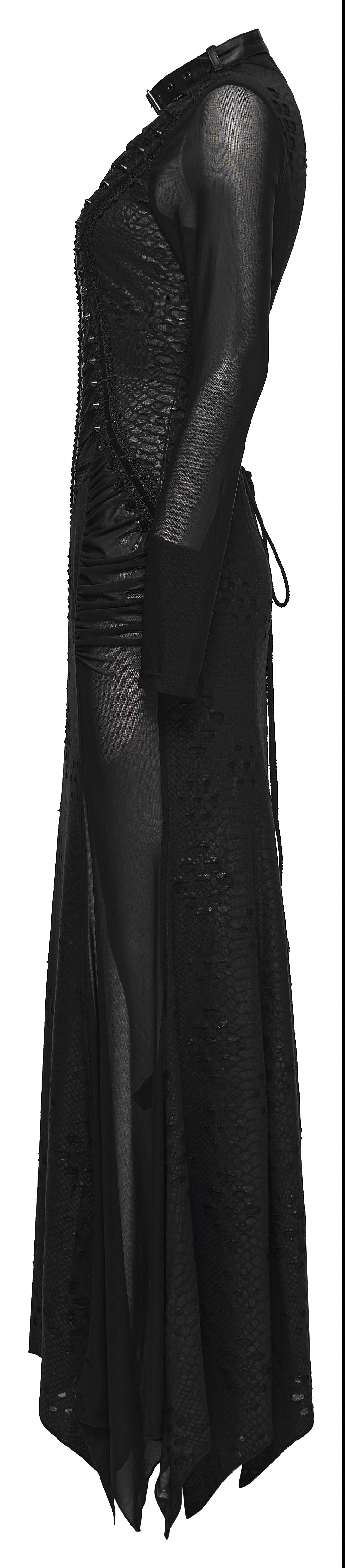 Detail of lace and spike embellishments on the waist of the Punk Rave Seraphine Maxi Dress, adding a gothic flair to the ensemble.